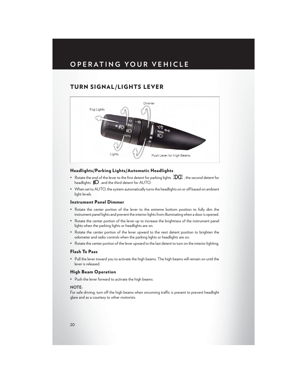 Turn signal/lights lever, Headlights/parking lights/automatic headlights, Instrument panel dimmer | Flash to pass, High beam operation, Turn signal /lights lever | Chrysler 2014 200 - User Guide User Manual | Page 22 / 116