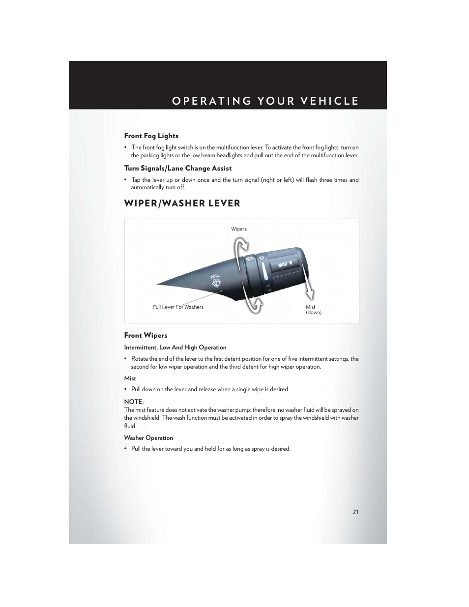 Front fog lights, Turn signals/lane change assist, Wiper/washer lever | Front wipers | Chrysler 2014 200 - User Guide User Manual | Page 23 / 116