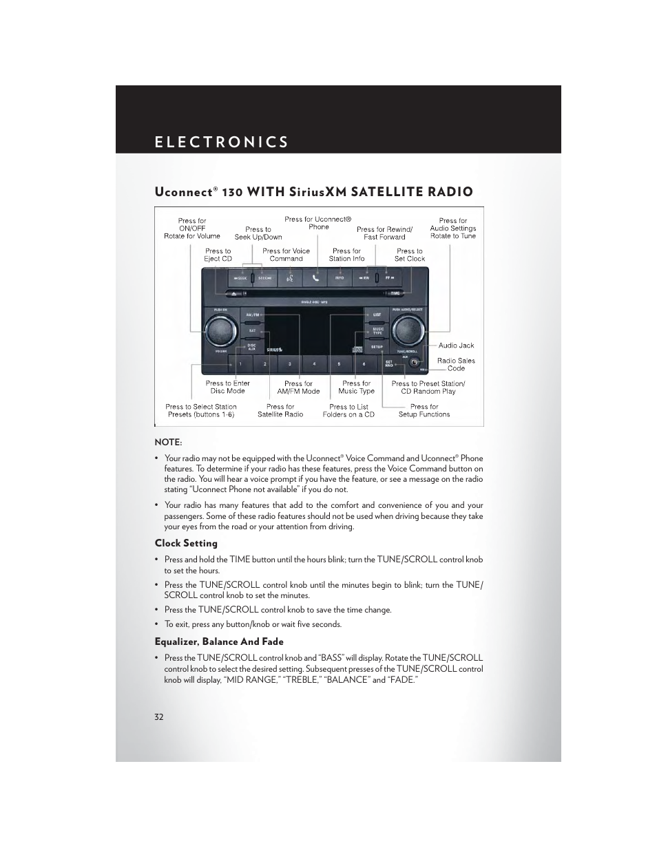 Uconnect® 130 with siriusxm satellite radio, Clock setting, Equalizer, balance and fade | Chrysler 2014 200 - User Guide User Manual | Page 34 / 116