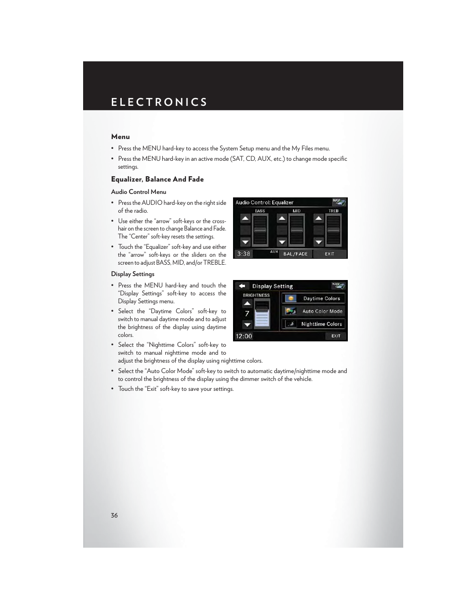 Menu, Equalizer, balance and fade | Chrysler 2014 200 - User Guide User Manual | Page 38 / 116