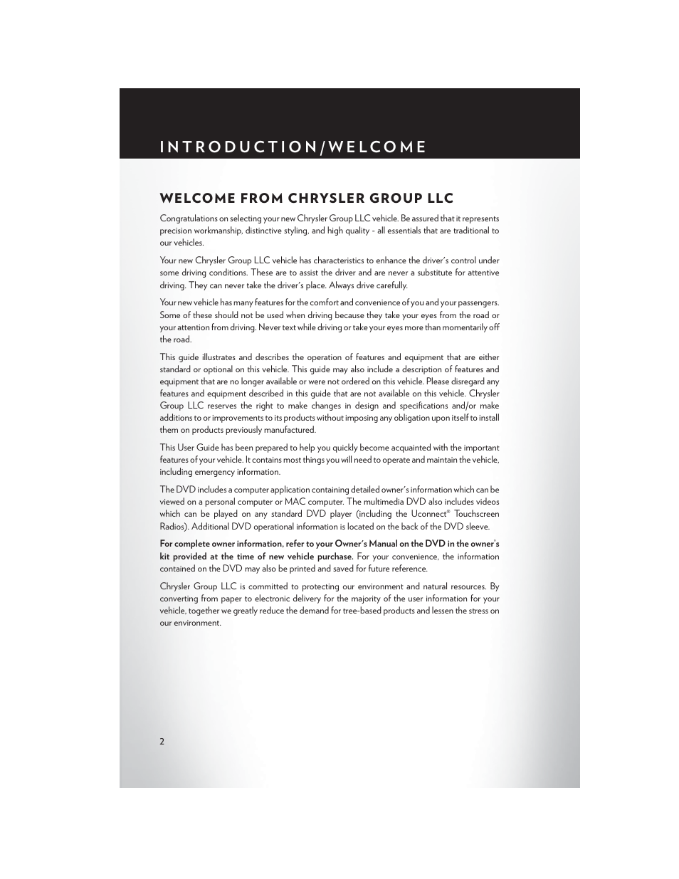 Introduction/welcome, Welcome from chrysler group llc | Chrysler 2014 200 - User Guide User Manual | Page 4 / 116