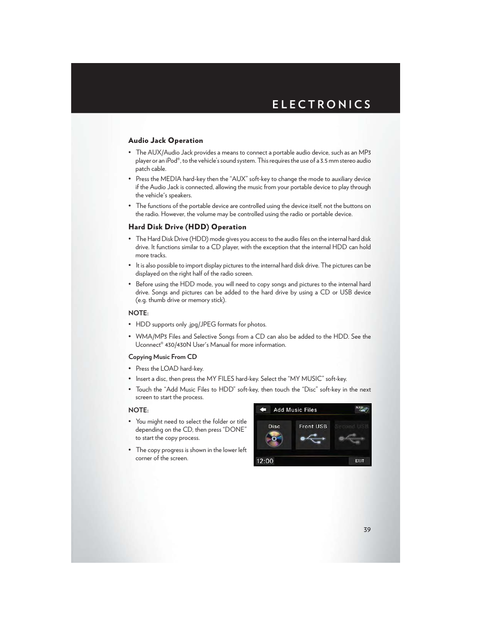 Audio jack operation, Hard disk drive (hdd) operation | Chrysler 2014 200 - User Guide User Manual | Page 41 / 116