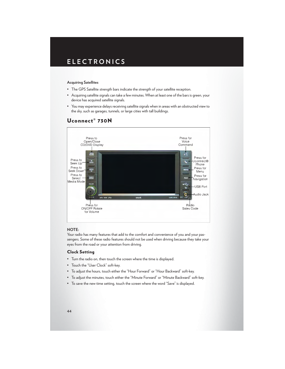 Uconnect® 730n, Clock setting | Chrysler 2014 200 - User Guide User Manual | Page 46 / 116