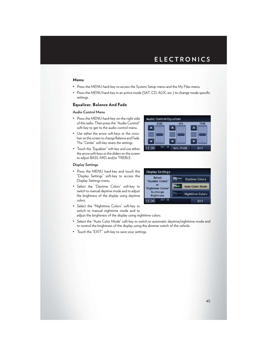 Menu, Equalizer, balance and fade | Chrysler 2014 200 - User Guide User Manual | Page 47 / 116