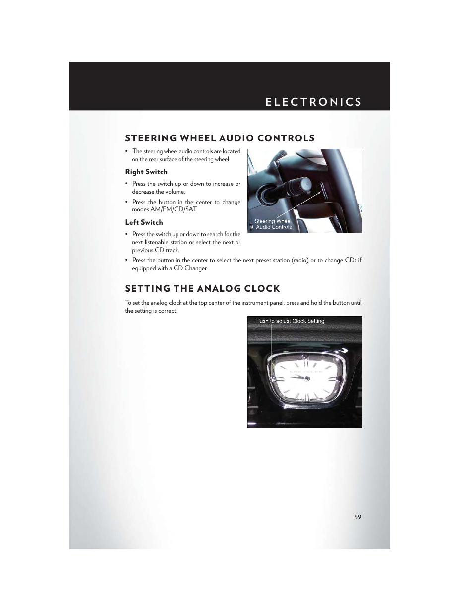 Steering wheel audio controls, Right switch, Left switch | Setting the analog clock | Chrysler 2014 200 - User Guide User Manual | Page 61 / 116