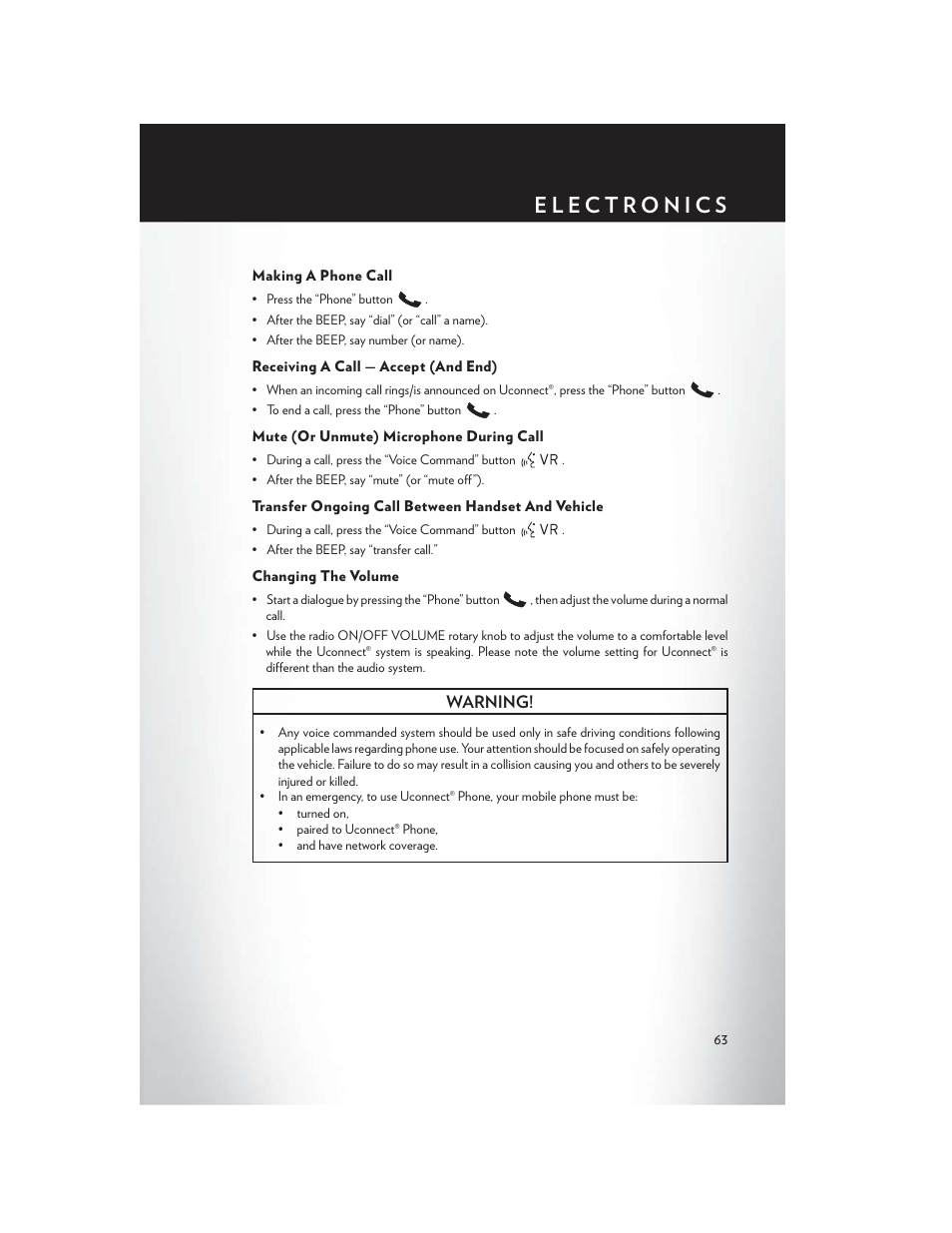 Making a phone call, Receiving a call — accept (and end), Mute (or unmute) microphone during call | Transfer ongoing call between handset and vehicle, Changing the volume, Warning | Chrysler 2014 200 - User Guide User Manual | Page 65 / 116