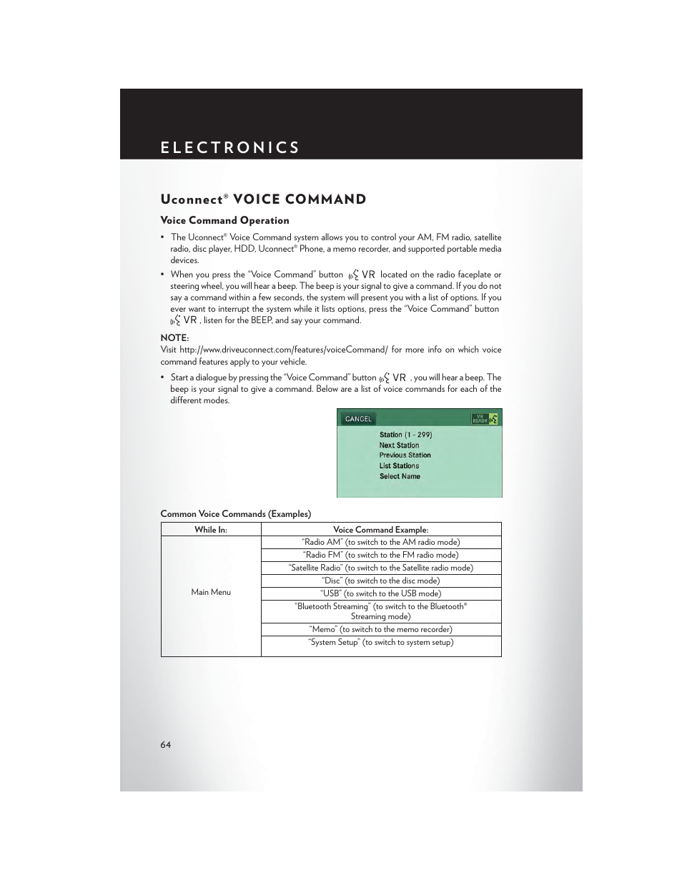 Uconnect® voice command, Voice command operation | Chrysler 2014 200 - User Guide User Manual | Page 66 / 116