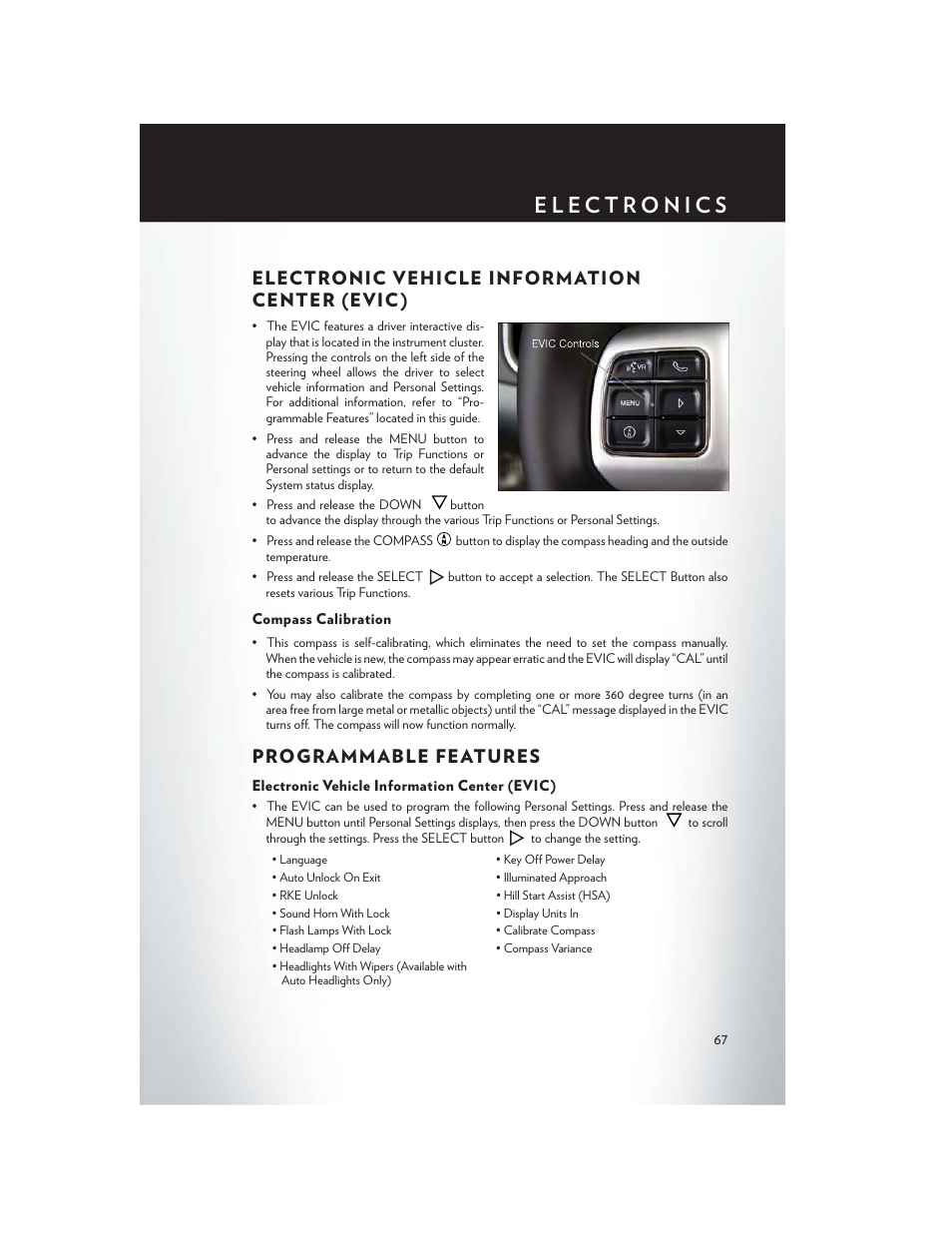 Electronic vehicle information center (evic), Compass calibration, Programmable features | Electronic vehicle information center (evic ) | Chrysler 2014 200 - User Guide User Manual | Page 69 / 116