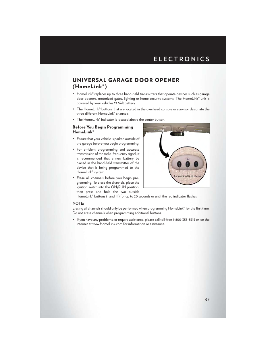 Universal garage door opener (homelink®), Before you begin programming homelink | Chrysler 2014 200 - User Guide User Manual | Page 71 / 116