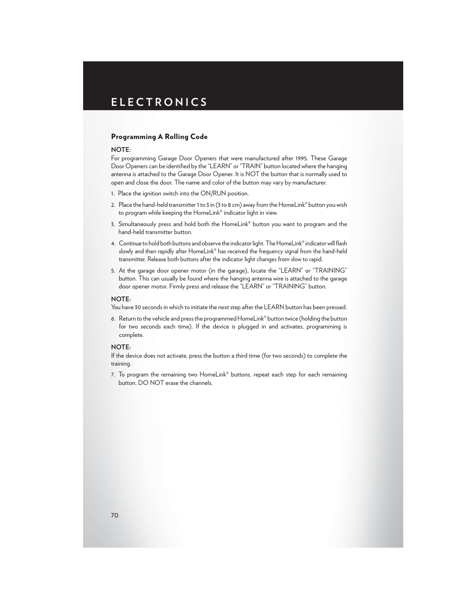 Programming a rolling code | Chrysler 2014 200 - User Guide User Manual | Page 72 / 116