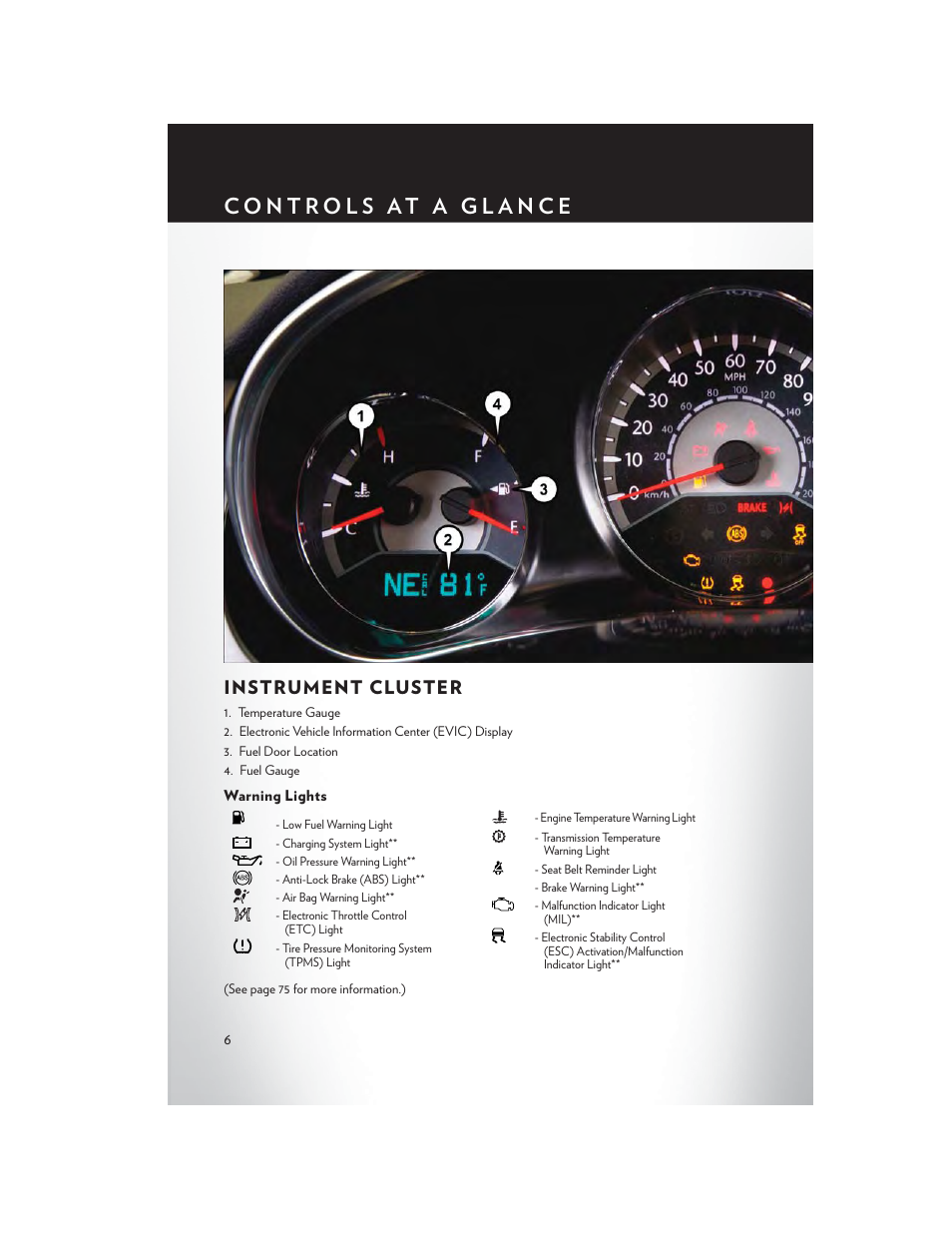 Instrument cluster, Warning lights | Chrysler 2014 200 - User Guide User Manual | Page 8 / 116