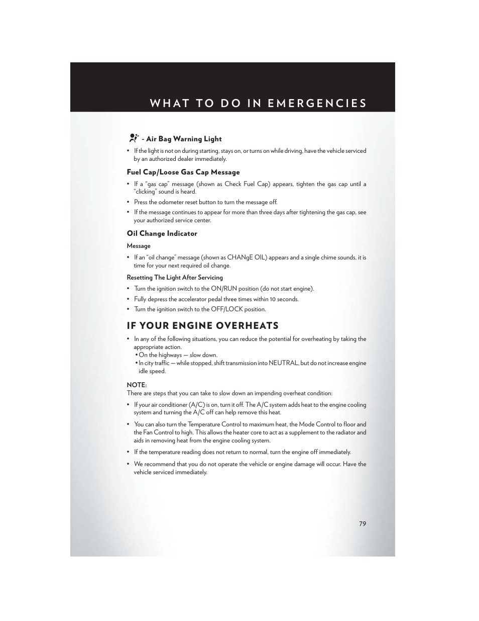 Air bag warning light, Fuel cap/loose gas cap message, Oil change indicator | If your engine overheats | Chrysler 2014 200 - User Guide User Manual | Page 81 / 116