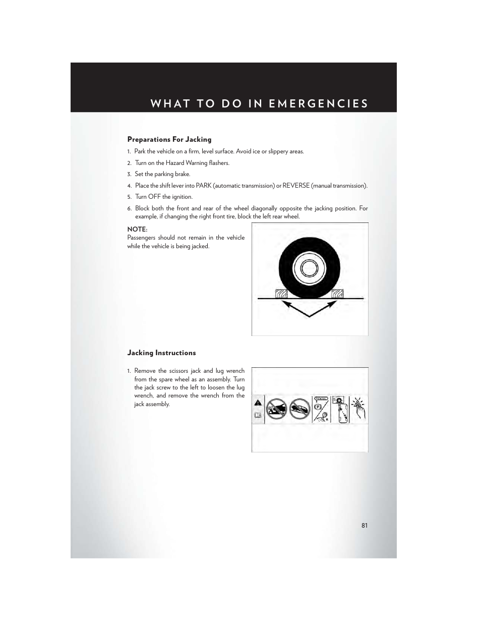 Preparations for jacking, Jacking instructions | Chrysler 2014 200 - User Guide User Manual | Page 83 / 116