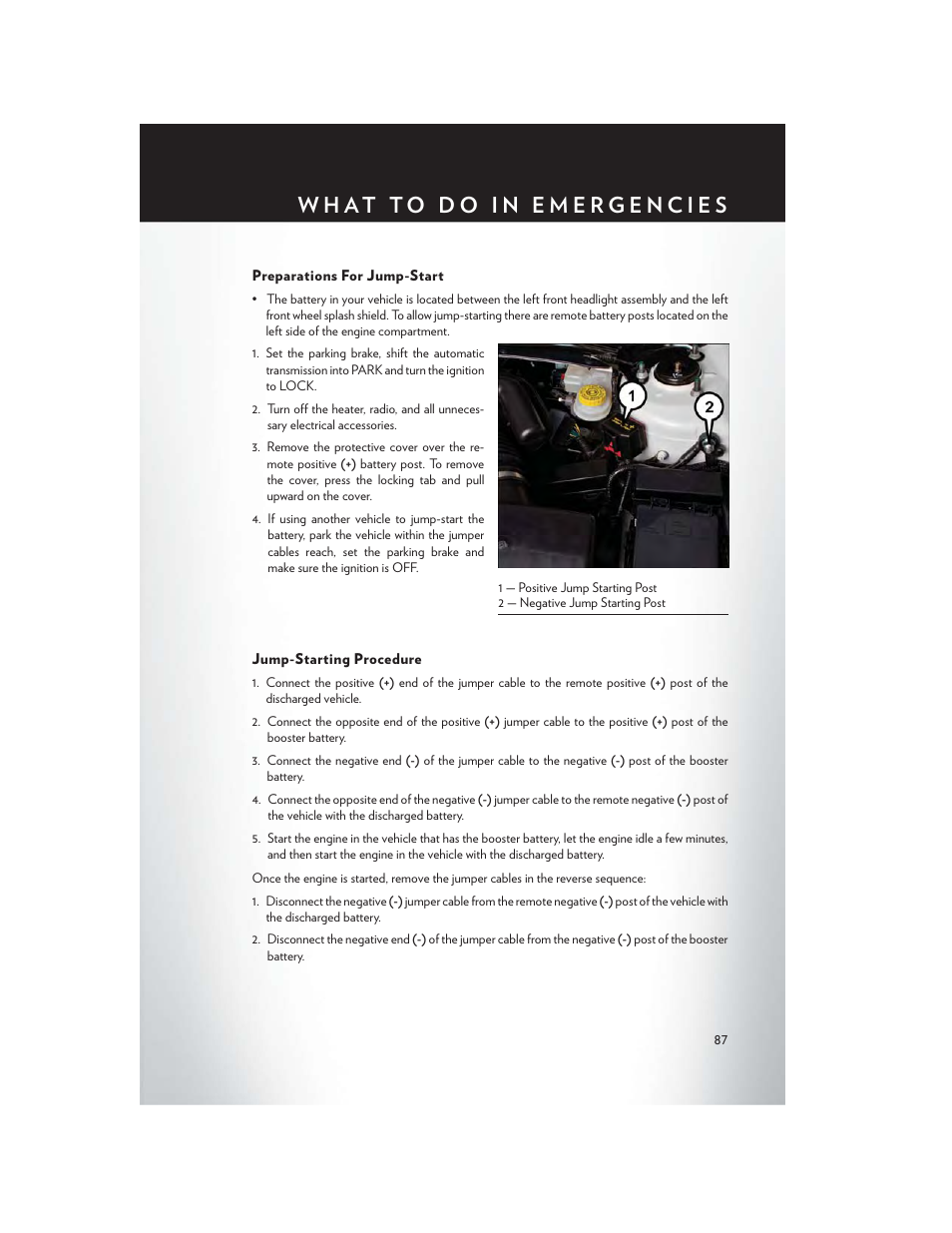 Preparations for jump-start, Jump-starting procedure | Chrysler 2014 200 - User Guide User Manual | Page 89 / 116