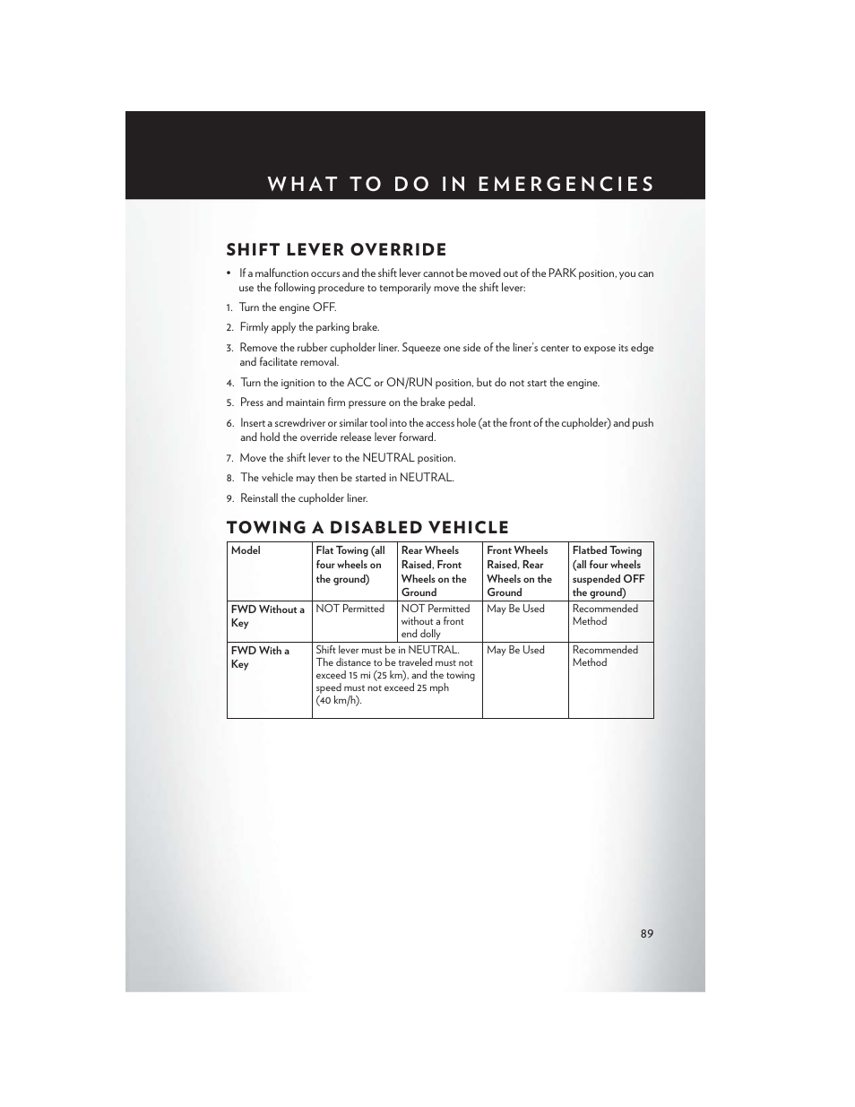 Shift lever override, Towing a disabled vehicle | Chrysler 2014 200 - User Guide User Manual | Page 91 / 116