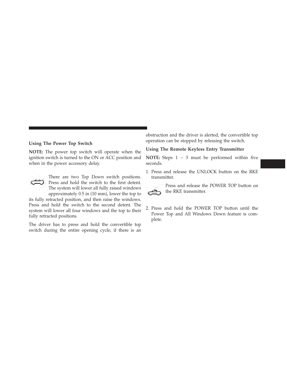 Lowering the power convertible top, Using the power top switch, Using the remote keyless entry transmitter | Chrysler 2014 200 Convertible - Owner Manual User Manual | Page 111 / 522