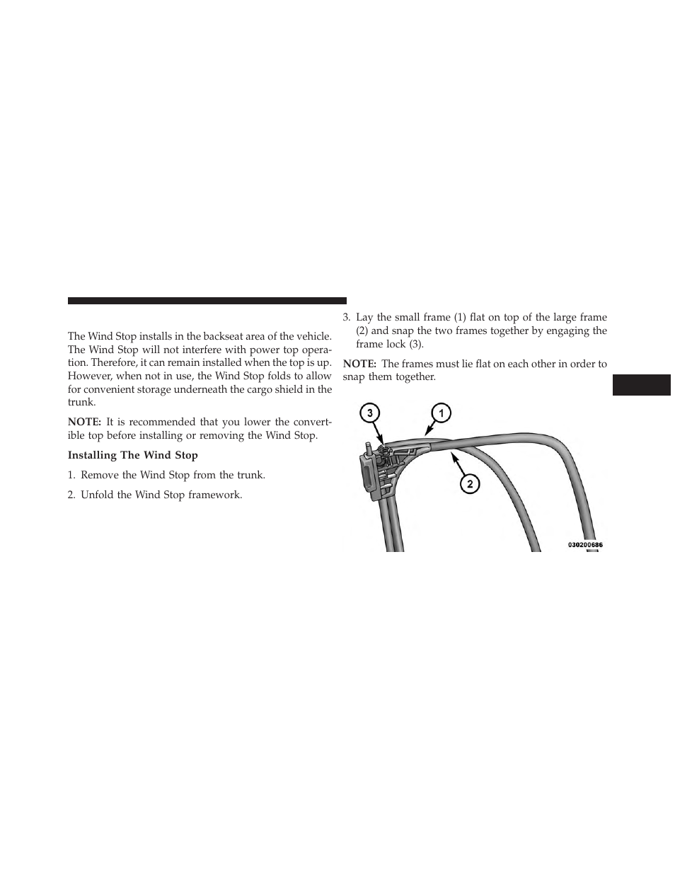 Wind stop — if equipped, Installing the wind stop | Chrysler 2014 200 Convertible - Owner Manual User Manual | Page 113 / 522