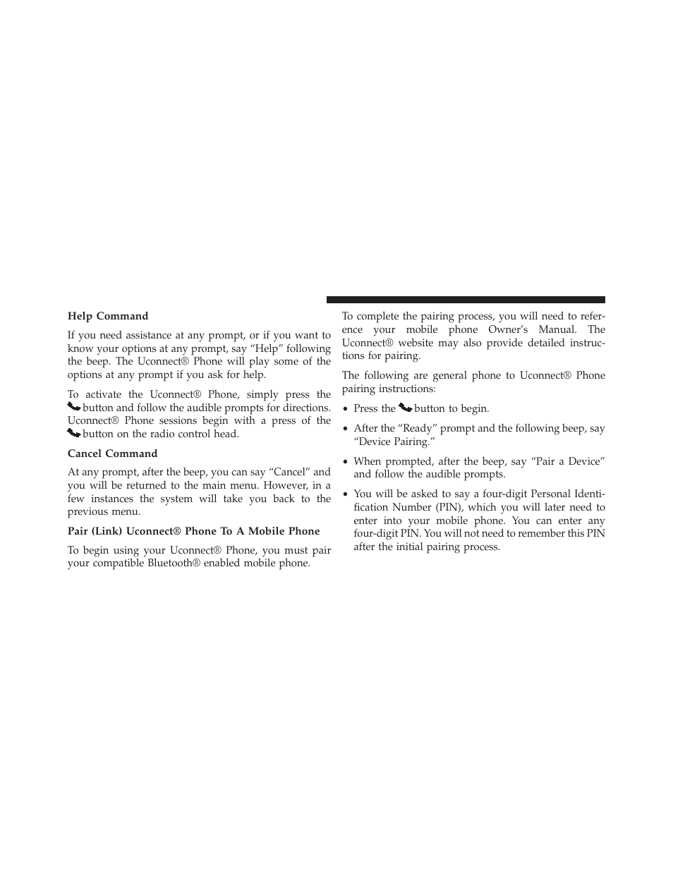 Help command, Cancel command, Pair (link) uconnect® phone to a mobile phone | Chrysler 2014 200 Convertible - Owner Manual User Manual | Page 134 / 522