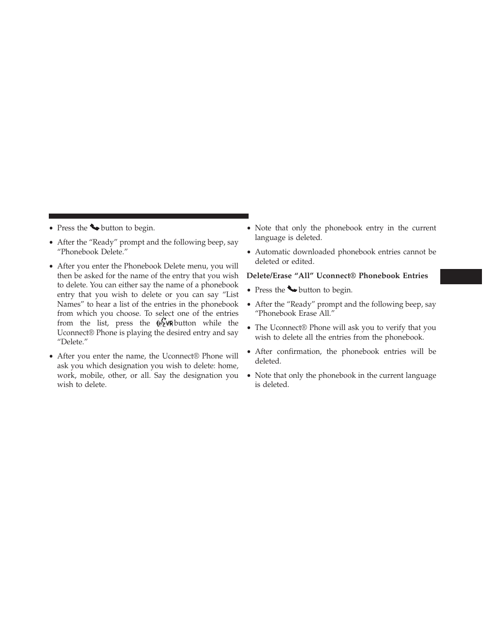 Delete/erase “all” uconnect® phonebook entries | Chrysler 2014 200 Convertible - Owner Manual User Manual | Page 139 / 522