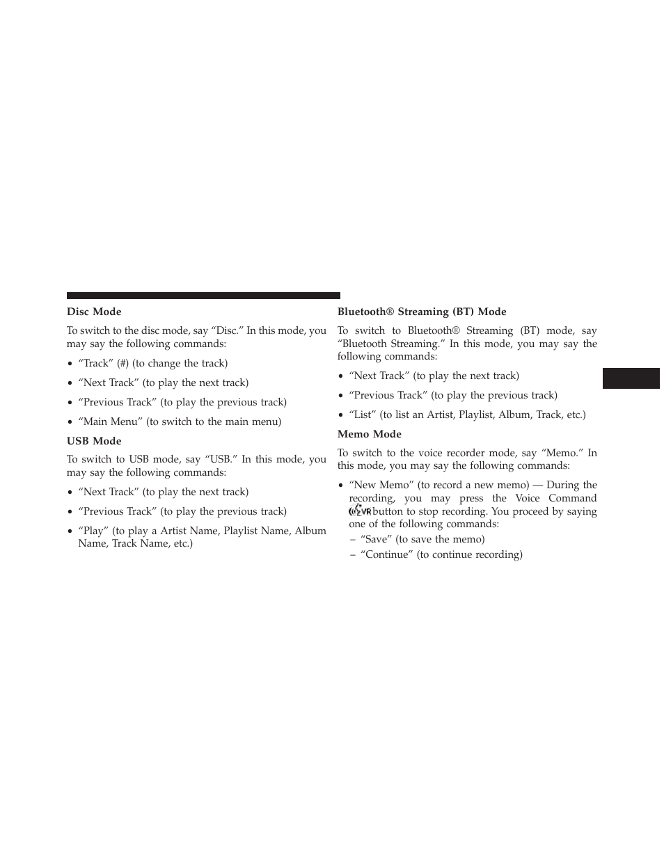 Disc mode, Usb mode, Bluetooth® streaming (bt) mode | Memo mode | Chrysler 2014 200 Convertible - Owner Manual User Manual | Page 165 / 522