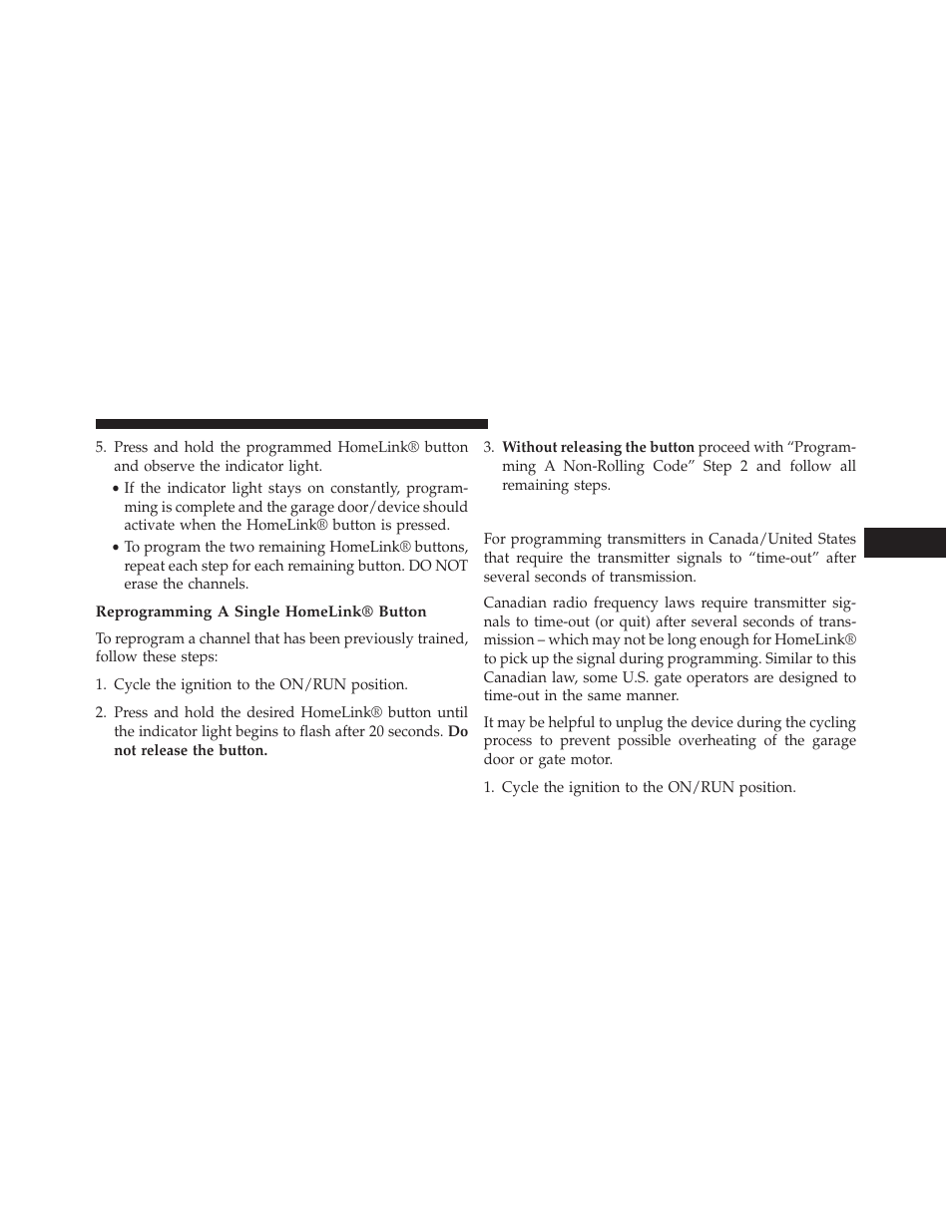 Reprogramming a single homelink® button, Canadian/gate operator programming | Chrysler 2014 200 Convertible - Owner Manual User Manual | Page 199 / 522