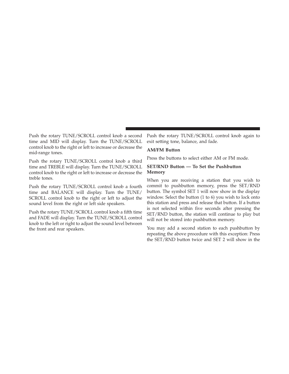 Am/fm button, Set/rnd button — to set the pushbutton memory | Chrysler 2014 200 Convertible - Owner Manual User Manual | Page 252 / 522
