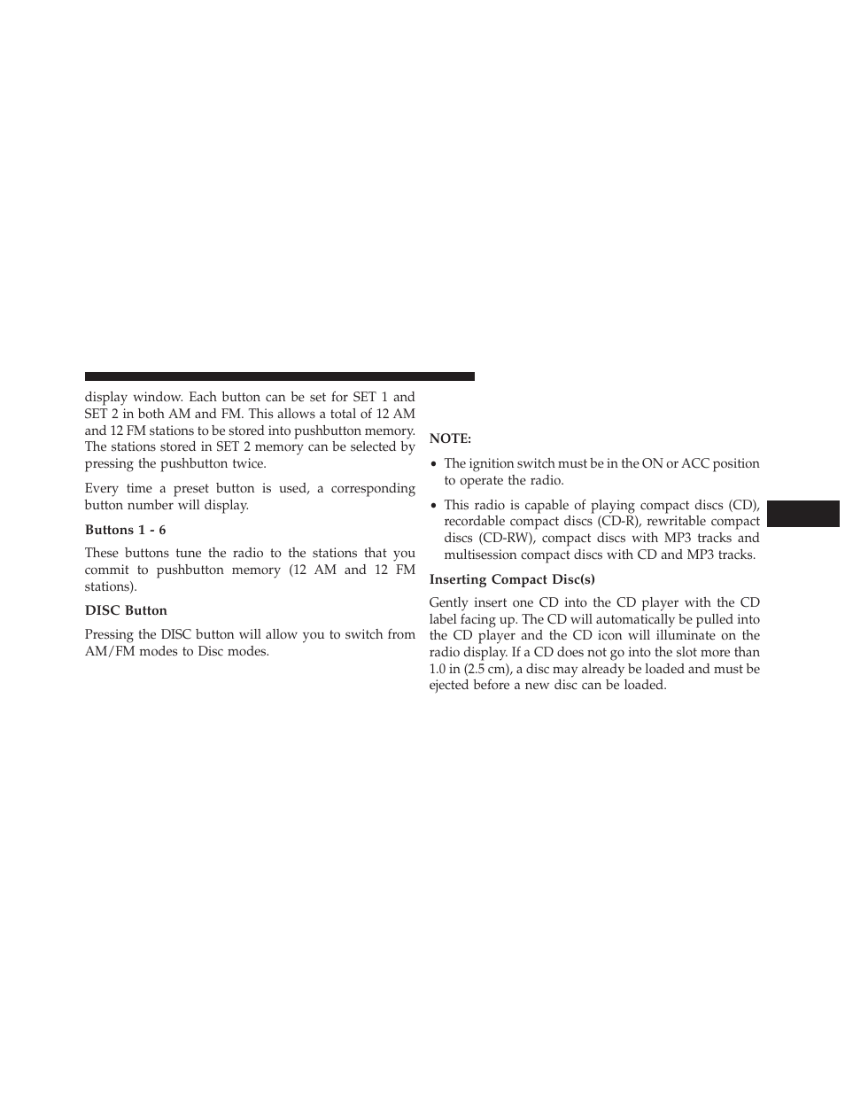 Buttons 1 - 6, Disc button, Inserting compact disc(s) | Operation instructions — cd mode for cd and, Mp3 audio play | Chrysler 2014 200 Convertible - Owner Manual User Manual | Page 253 / 522