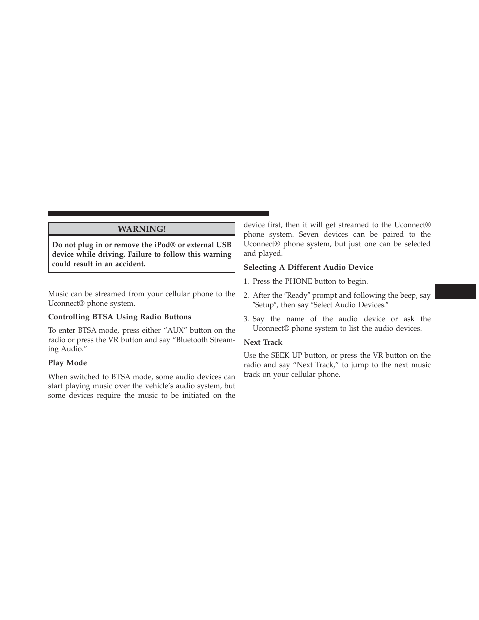 Bluetooth streaming audio (btsa), Controlling btsa using radio buttons, Play mode | Selecting a different audio device, Next track | Chrysler 2014 200 Convertible - Owner Manual User Manual | Page 281 / 522