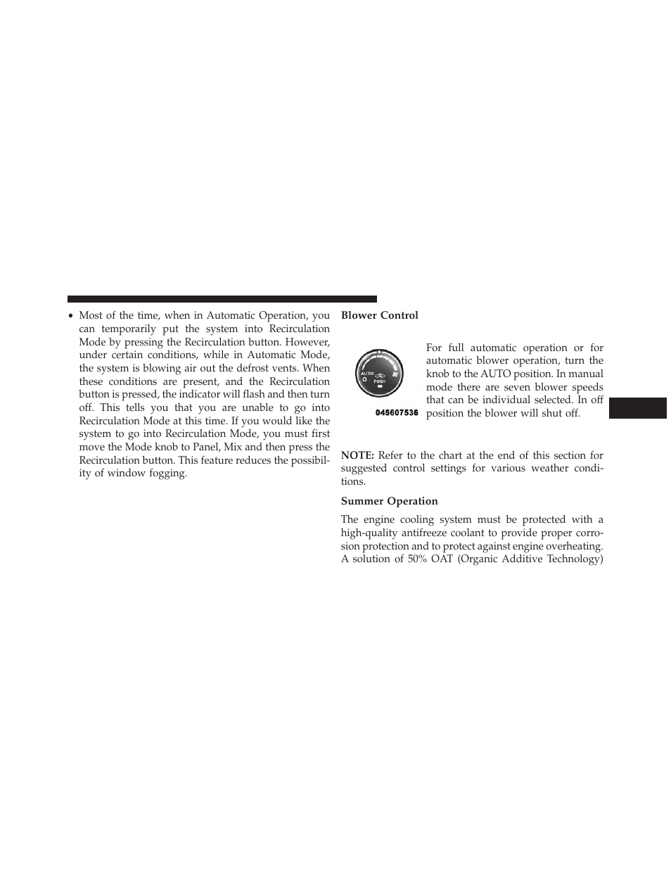 Blower control, Operating tips, Summer operation | Chrysler 2014 200 Convertible - Owner Manual User Manual | Page 295 / 522