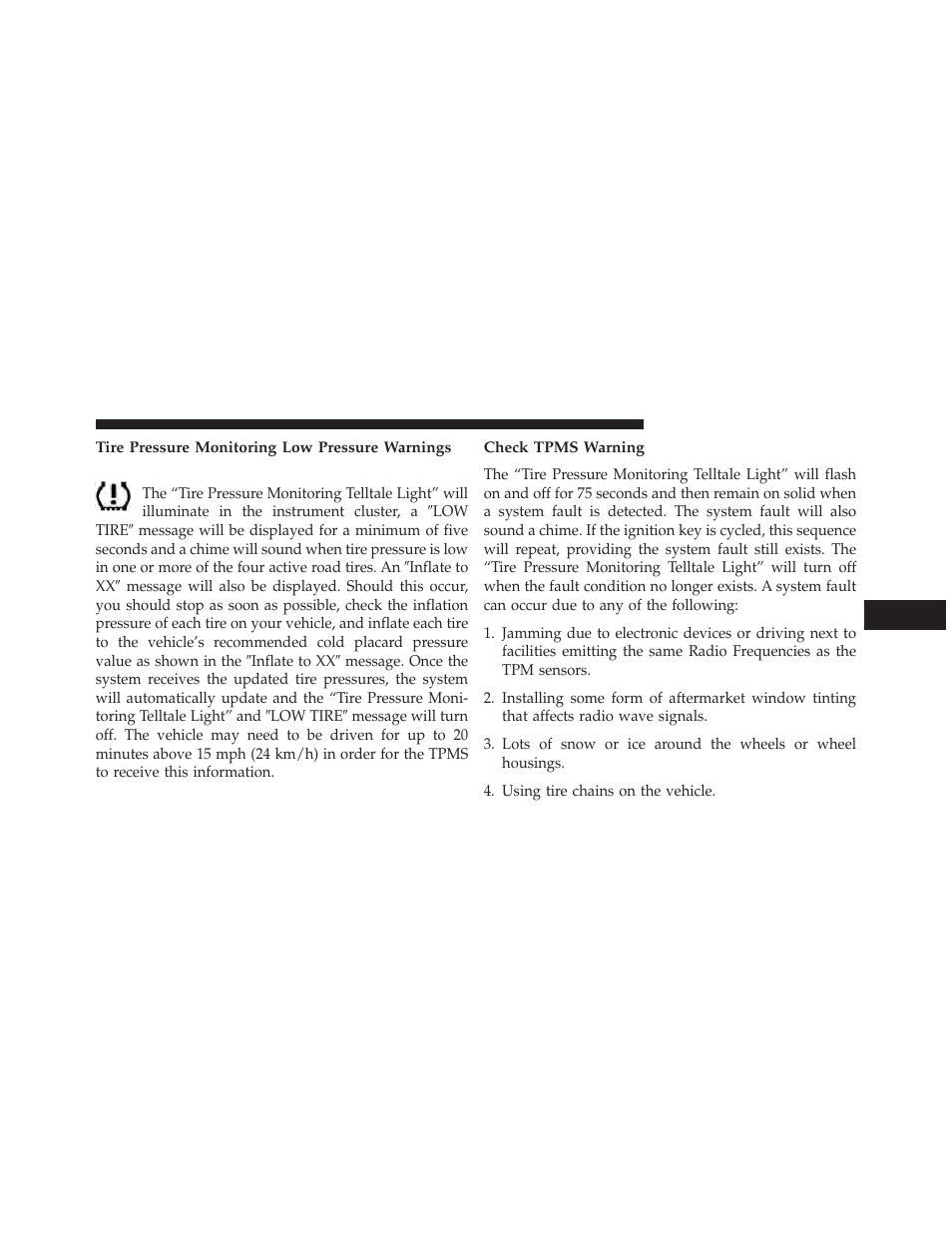 Tire pressure monitoring low pressure warnings, Check tpms warning | Chrysler 2014 200 Convertible - Owner Manual User Manual | Page 367 / 522