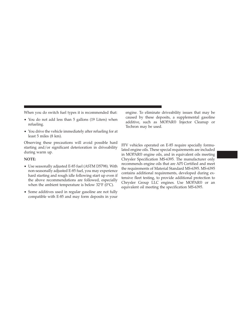 Selection of engine oil for flexible fuel vehicles, E-85) and gasoline vehicles | Chrysler 2014 200 Convertible - Owner Manual User Manual | Page 379 / 522