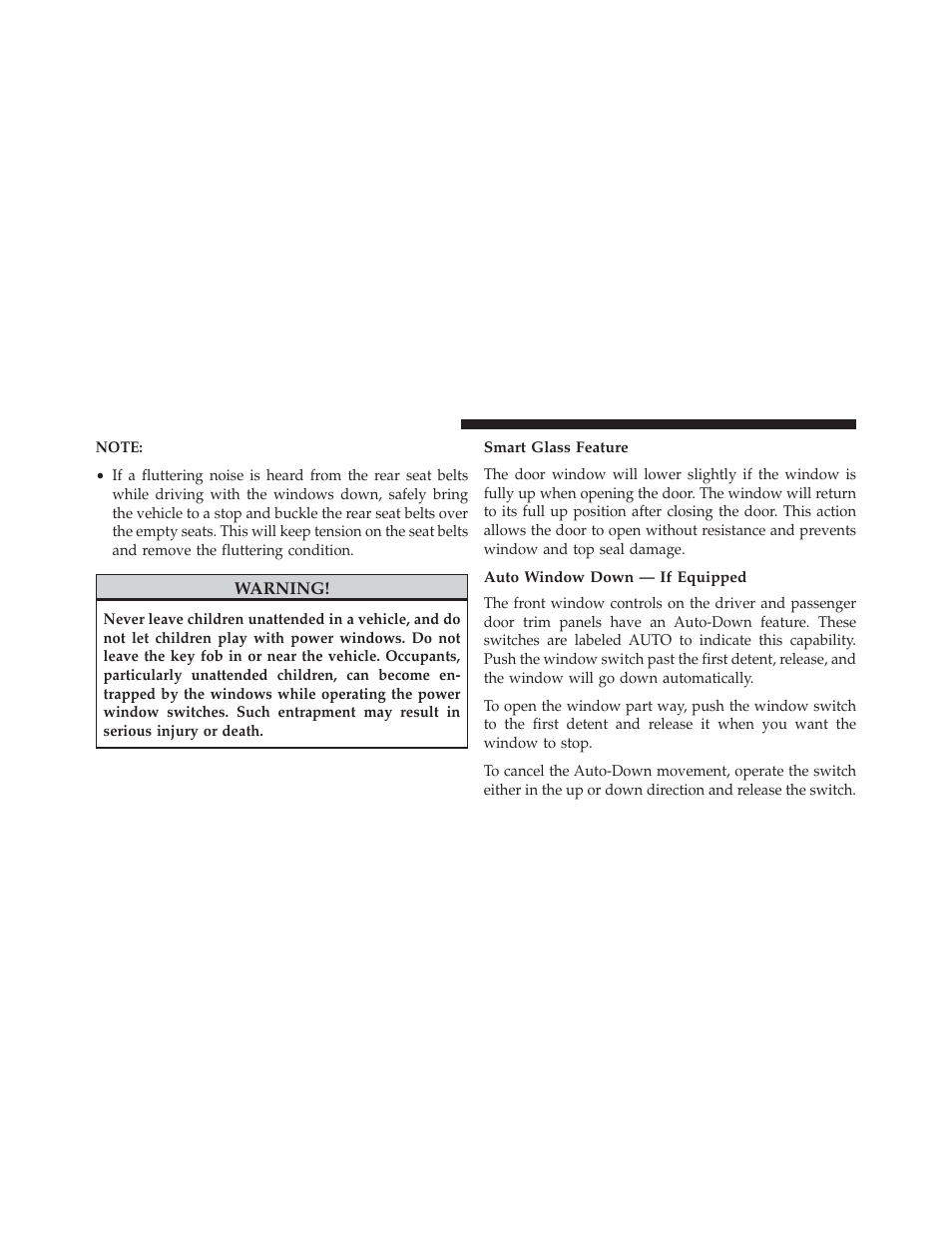 Smart glass feature, Auto window down — if equipped | Chrysler 2014 200 Convertible - Owner Manual User Manual | Page 38 / 522