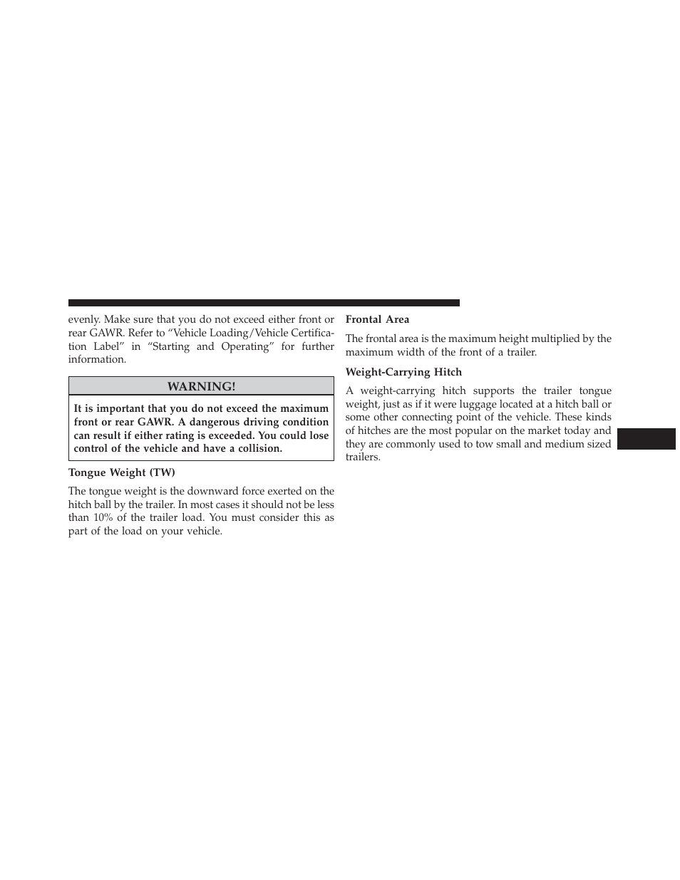 Tongue weight (tw), Frontal area, Weight-carrying hitch | Chrysler 2014 200 Convertible - Owner Manual User Manual | Page 387 / 522