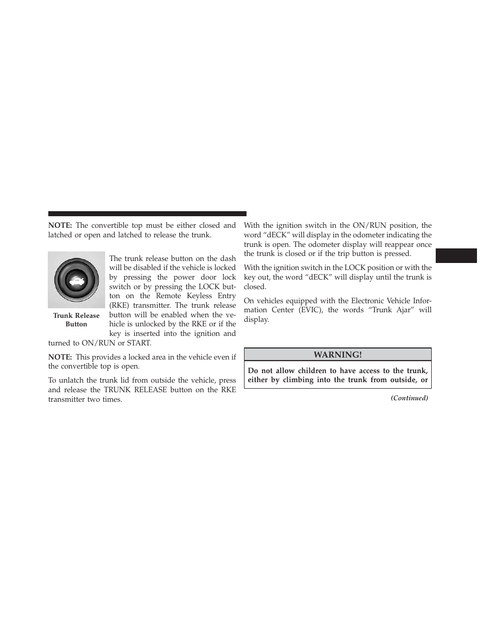 Trunk safety warning | Chrysler 2014 200 Convertible - Owner Manual User Manual | Page 41 / 522