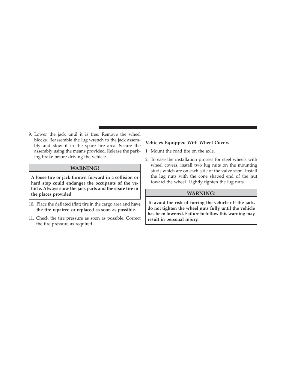 Road tire installation, Vehicles equipped with wheel covers | Chrysler 2014 200 Convertible - Owner Manual User Manual | Page 410 / 522