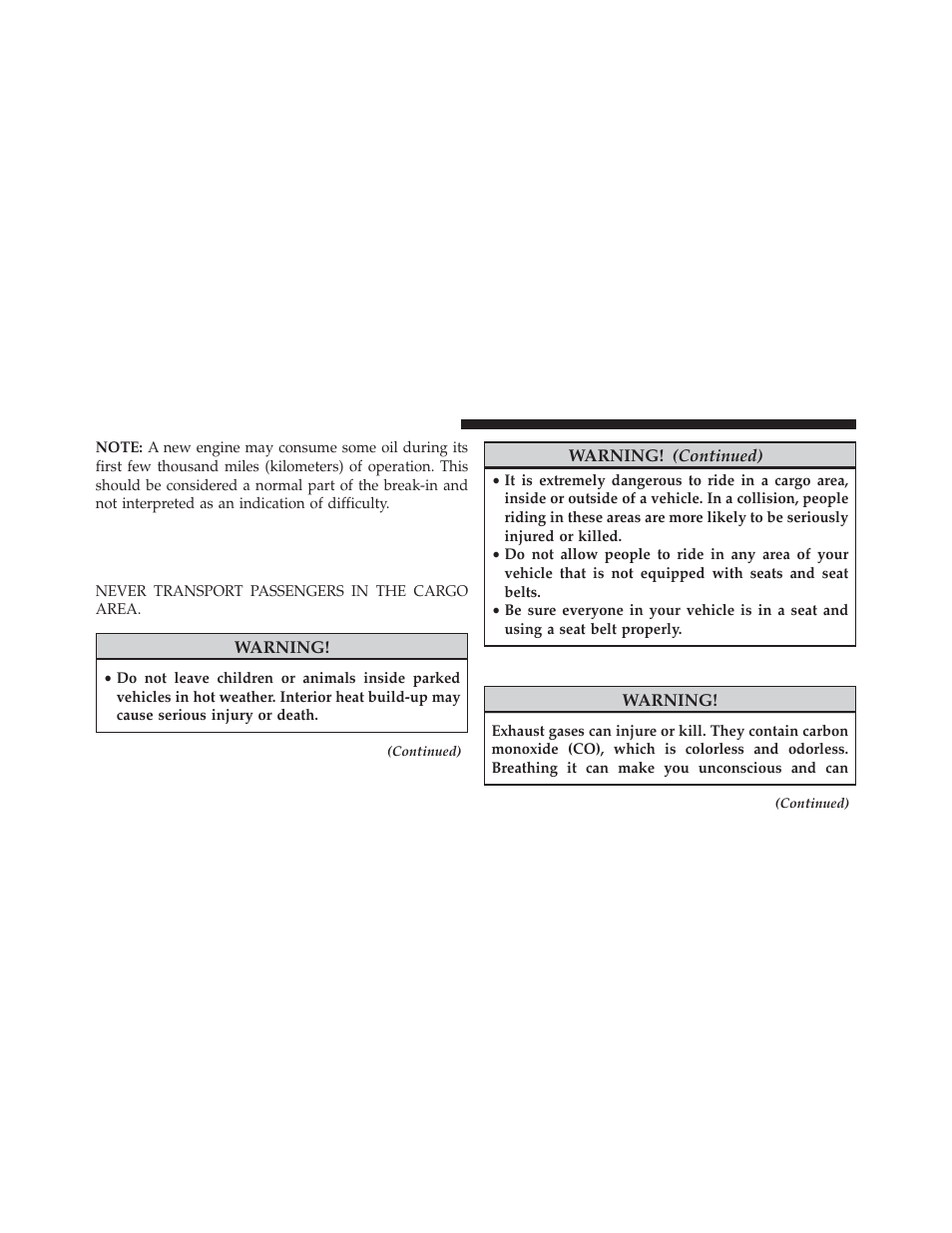 Safety tips, Transporting passengers, Exhaust gas | Chrysler 2014 200 Convertible - Owner Manual User Manual | Page 94 / 522