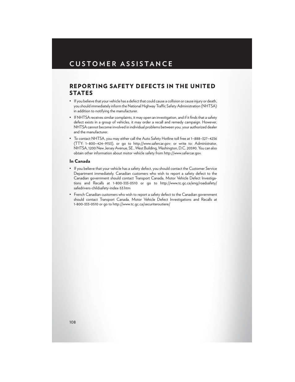 Reporting safety defects in the united states, In canada | Chrysler 2014 200 Convertible - User Guide User Manual | Page 110 / 124