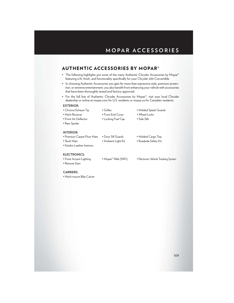 Mopar accessories, Authentic accessories by mopar | Chrysler 2014 200 Convertible - User Guide User Manual | Page 111 / 124
