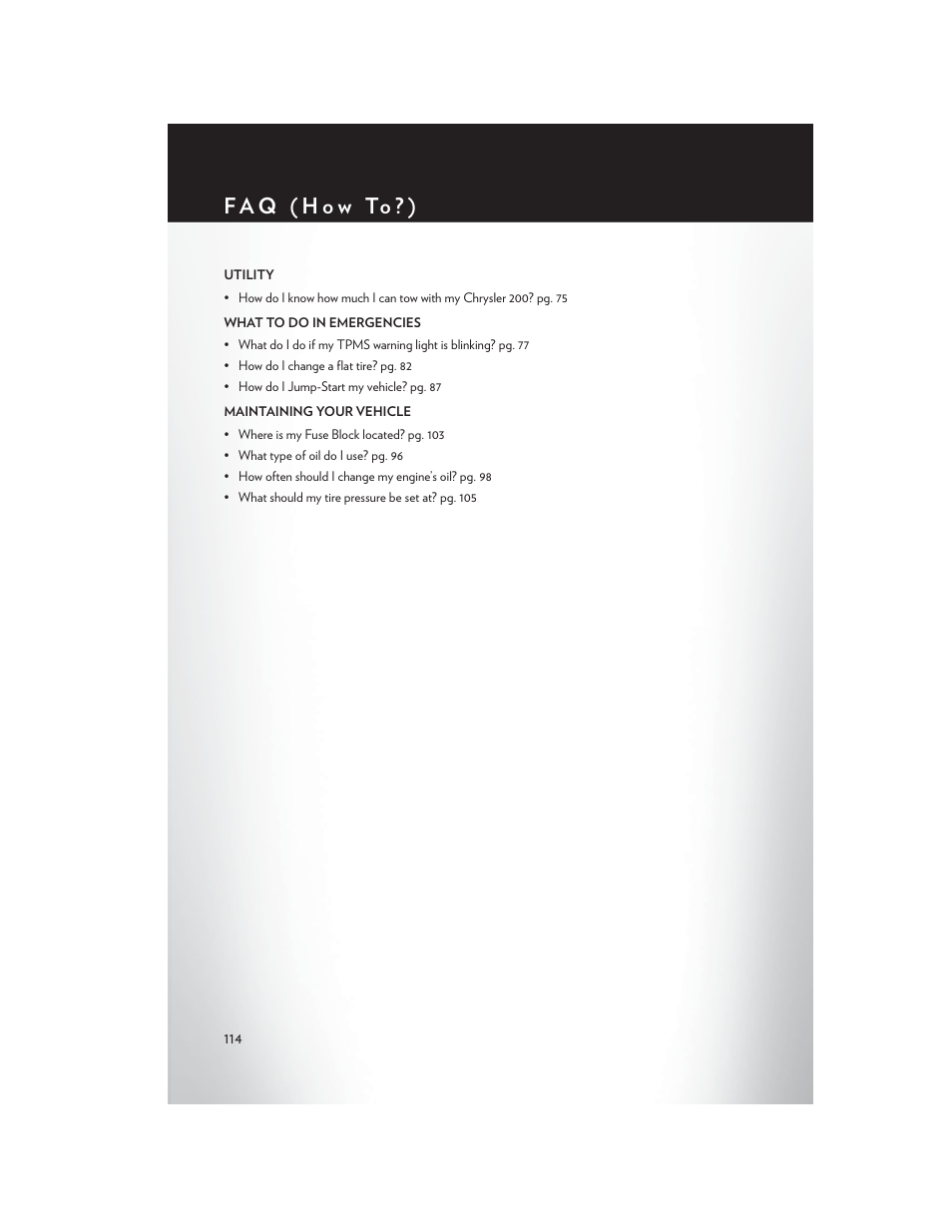 F a q ( h o w to ? ) | Chrysler 2014 200 Convertible - User Guide User Manual | Page 116 / 124