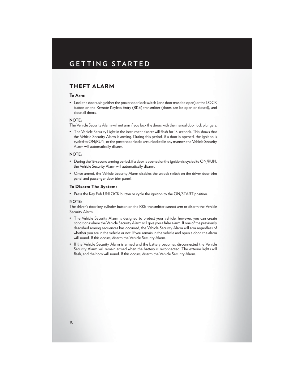 Theft alarm, To arm, To disarm the system | Chrysler 2014 200 Convertible - User Guide User Manual | Page 12 / 124