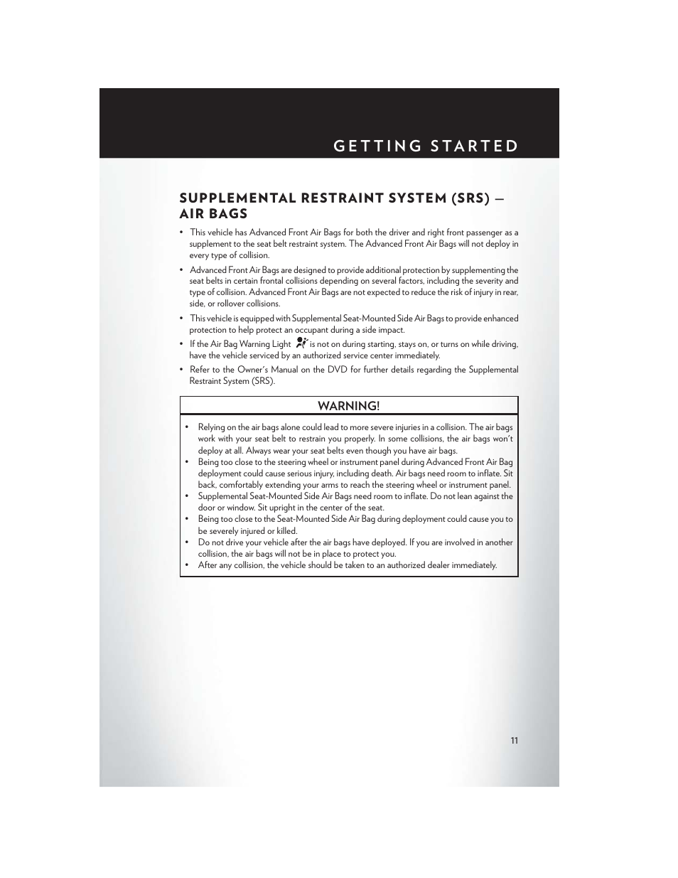 Supplemental restraint system (srs) — air bags | Chrysler 2014 200 Convertible - User Guide User Manual | Page 13 / 124