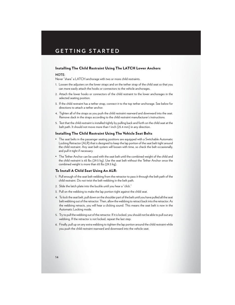 To install a child seat using an alr | Chrysler 2014 200 Convertible - User Guide User Manual | Page 16 / 124