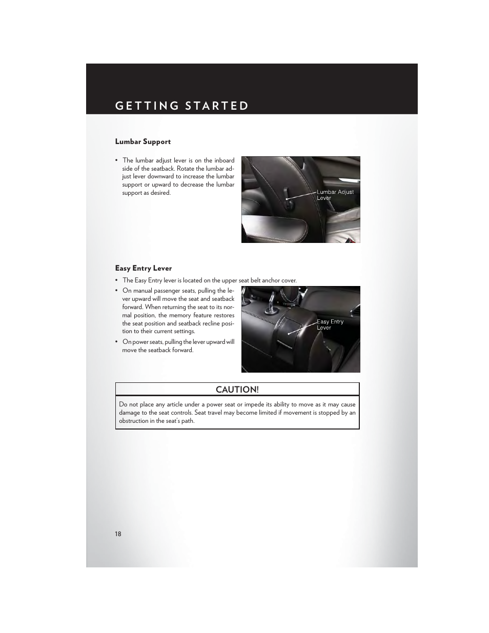 Lumbar support, Easy entry lever | Chrysler 2014 200 Convertible - User Guide User Manual | Page 20 / 124