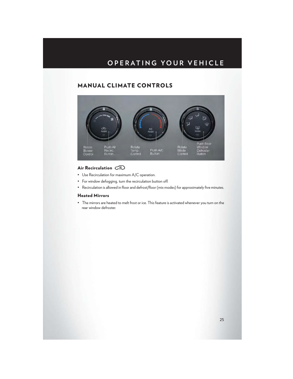 Manual climate controls, Air recirculation, Heated mirrors | Chrysler 2014 200 Convertible - User Guide User Manual | Page 27 / 124