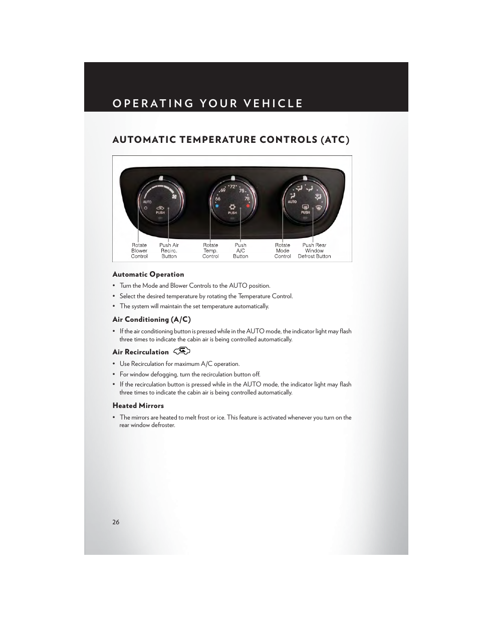 Automatic temperature controls (atc), Automatic operation, Air conditioning (a/c) | Air recirculation, Heated mirrors, Automatic temperature controls (atc ) | Chrysler 2014 200 Convertible - User Guide User Manual | Page 28 / 124