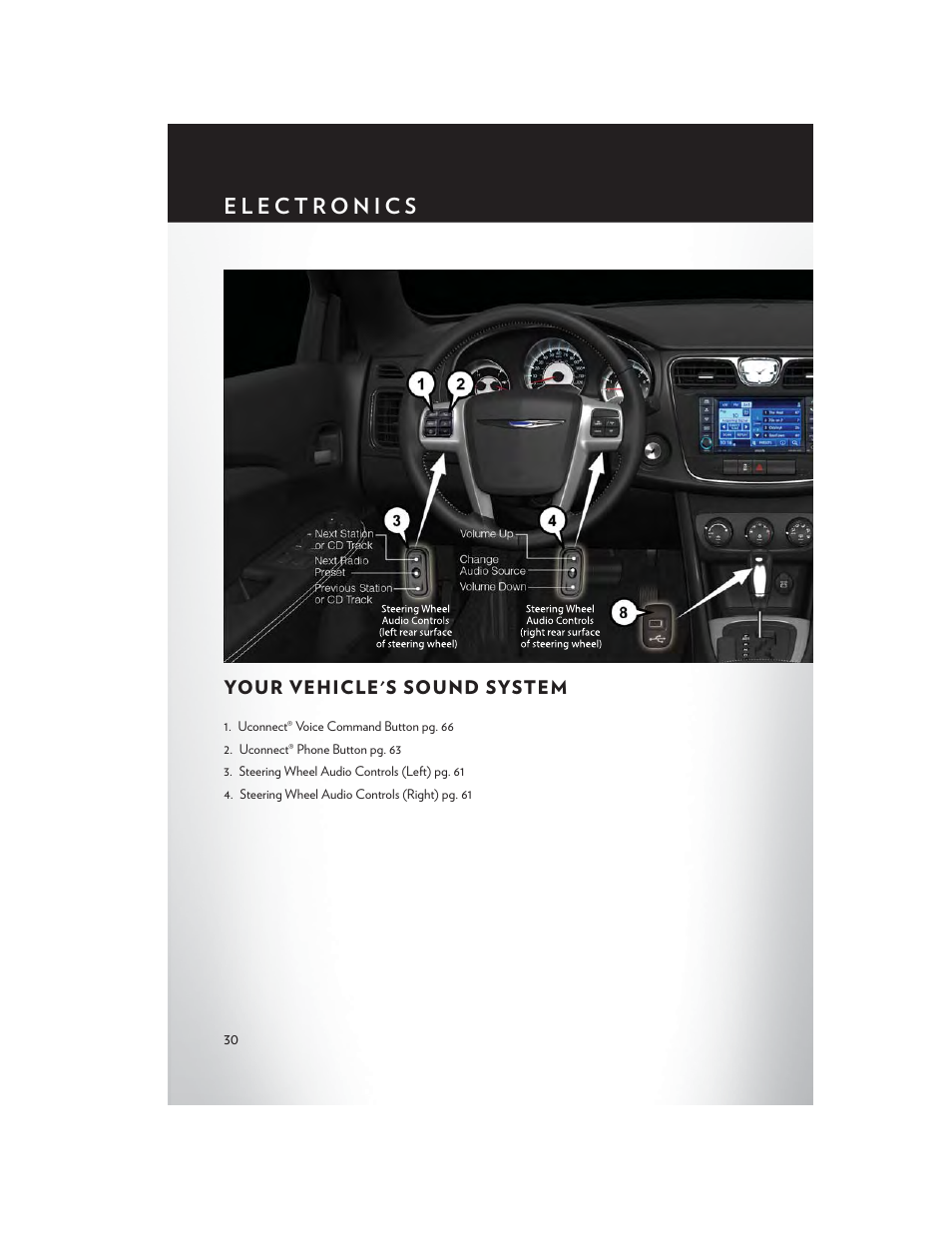 Electronics, Your vehicle's sound system | Chrysler 2014 200 Convertible - User Guide User Manual | Page 32 / 124