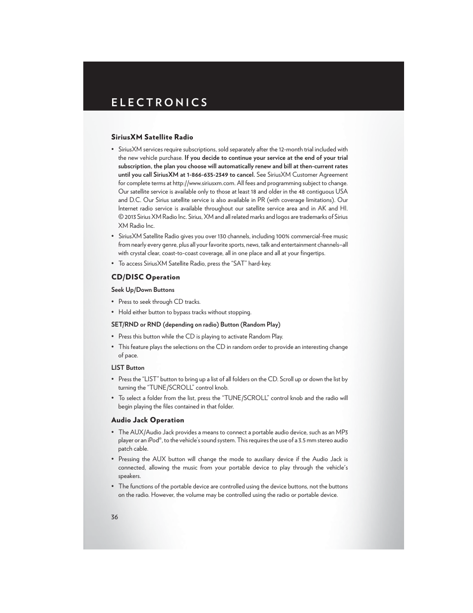 Siriusxm satellite radio, Cd/disc operation, Audio jack operation | Chrysler 2014 200 Convertible - User Guide User Manual | Page 38 / 124