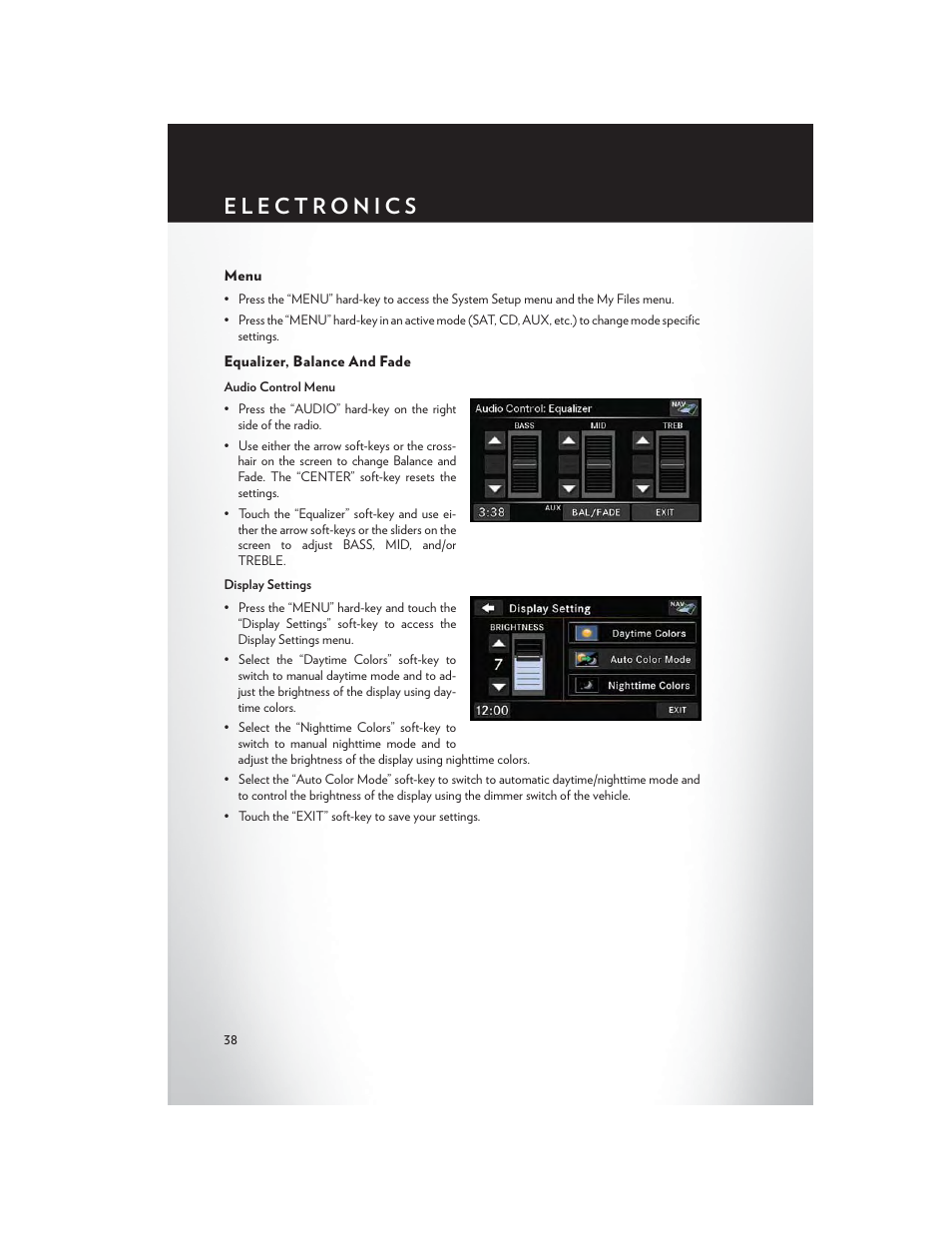 Menu, Equalizer, balance and fade | Chrysler 2014 200 Convertible - User Guide User Manual | Page 40 / 124