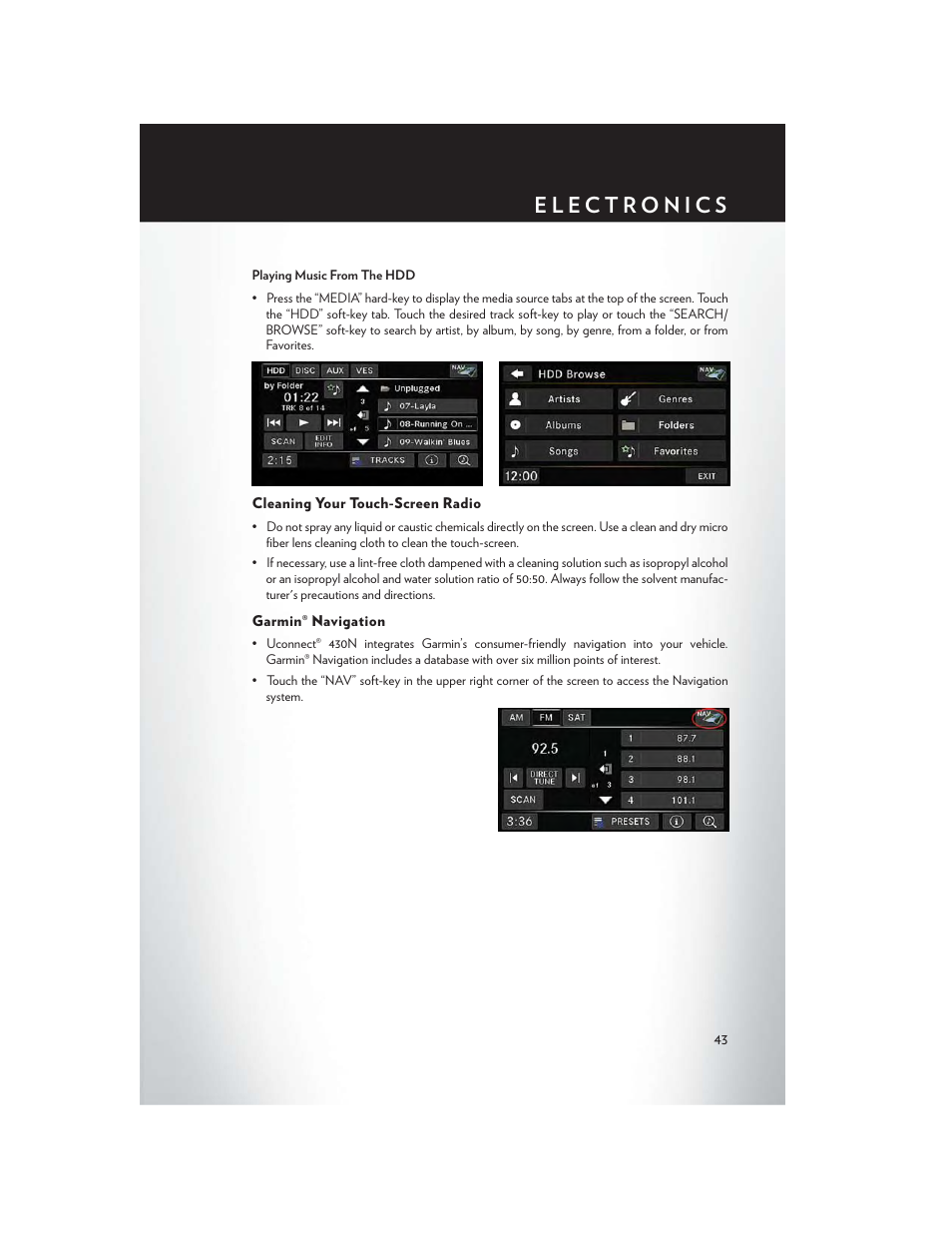 Cleaning your touch-screen radio, Garmin® navigation | Chrysler 2014 200 Convertible - User Guide User Manual | Page 45 / 124