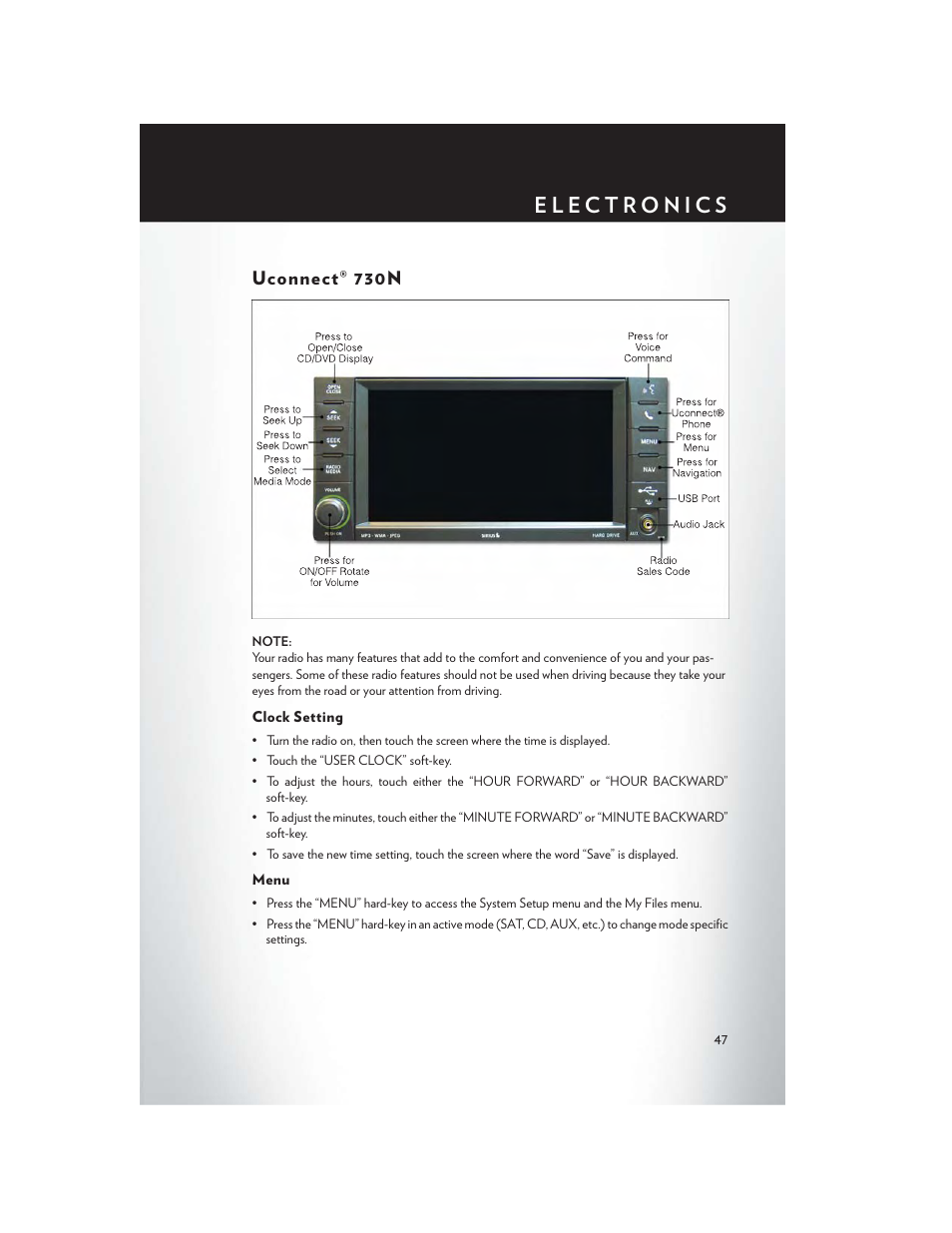 Uconnect® 730n, Clock setting, Menu | Chrysler 2014 200 Convertible - User Guide User Manual | Page 49 / 124